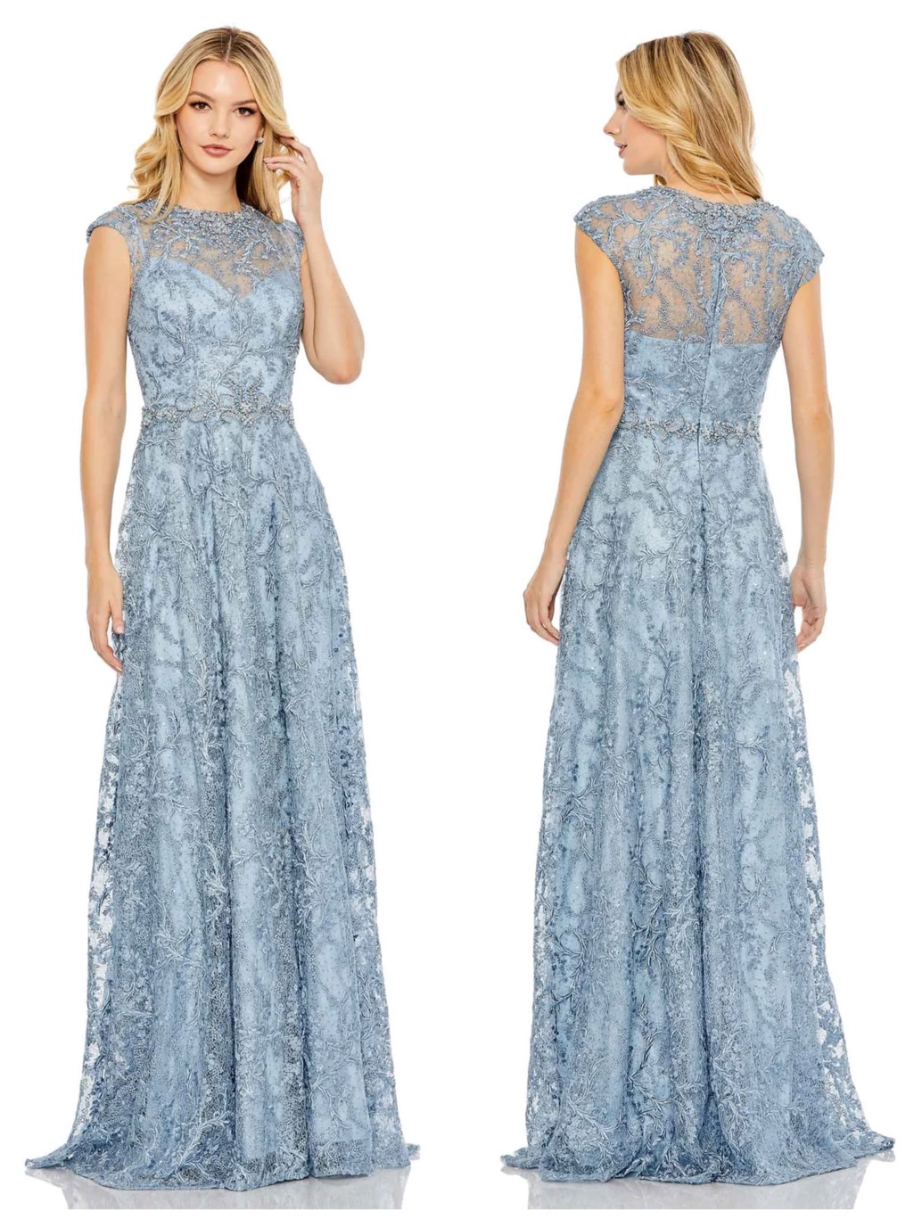 Mac Duggal Slate Blue Embroidered Beaded Lace Maxi Gown Dress 79430 Nwt $798